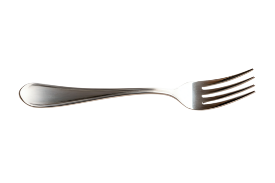 A sleek and shiny metal fork isolated on a white background, perfect for culinary presentations and dining themes.
