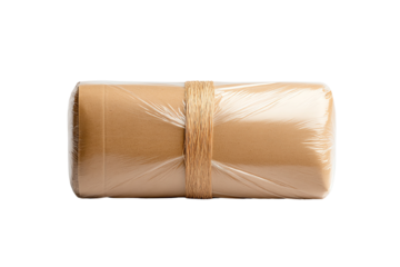 A rolled package wrapped in brown paper and twine on a white isolated background.