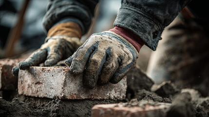 Construction worker's calloused hands carefully positioning clay bricks, showcasing precise masonry techniques and skilled craftsmanship during building process