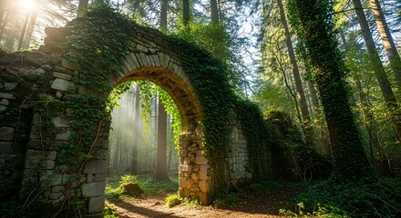 An ancient stone archway covered in ivy stands in a sunlit forest, creating a mystical and enchanting scene, evoking a sense of wonder and tranquility in the natural world