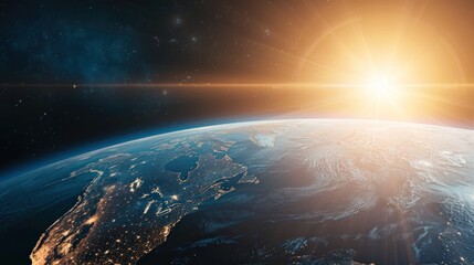 Obraz premium Earth From Space with Sun Rising Over Horizon in Bright Natural Light