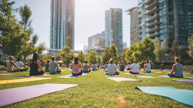 Diverse meditation group practicing yoga in lotus pose, green urban park setting with skyscrapers towering behind tranquil practitioners