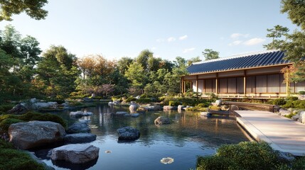 Fototapeta premium Serene Japanese Garden with Pond and House