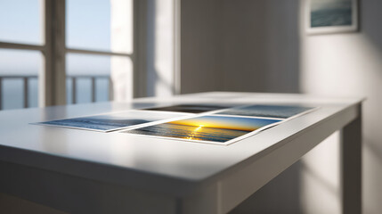 closeup of printed photographs on clean white table featuring blurred text bar overlays with ar annotations
