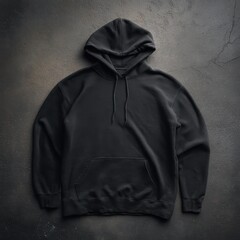 Blank Black Hoodie Flat Lay on Dark Textured Concrete Background