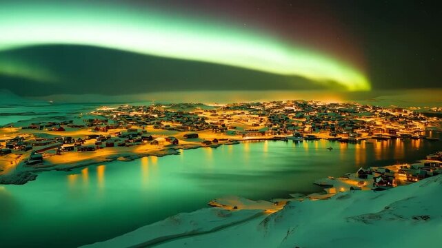 Long exposure aerial of Nuuk with faint northern lights above the horizon 