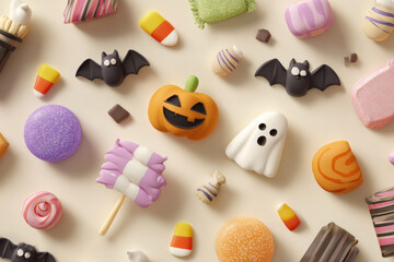 Fototapeta premium Cute Halloween candy and confectionery arranged in playful layout, featuring colorful treats like pumpkin, bats, and ghost shapes, evoking festive and cheerful atmosphere