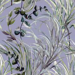 Seamless watercolor black and white pattern with graceful leaves and stems on violet for textile. High quality illustration