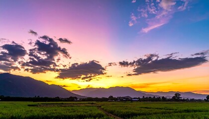 Vibrant sunset paints sky over mountains and fields. Colors of orange, pink, and purple blend over a tranquil landscape