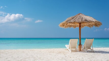 A Peaceful Tropical Beach With Two Unoccupied Lounge Chairs
