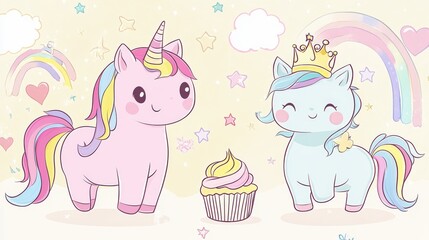77.Cute cartoon illustration of a pastel pony unicorn with a rainbow mane and a funny cat unicorn wearing a tiny crown, surrounded by kawaii emoticons like happy cupcakes, stars, hearts, and rainbows