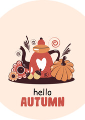 Vector Autumn greeting card with Red Teapot, Pumpkin, nuts, flowers and Rowan Berries. Cozy autmn illustration hello autumn. Autumn food and hot drinks round composition.