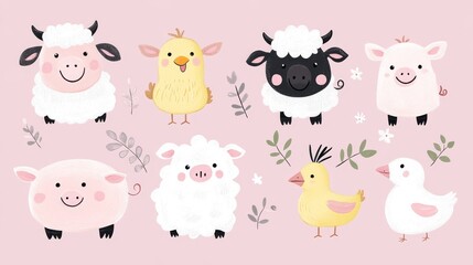 Obraz premium 18.Set of cute farm animals featuring smiling cows, fluffy sheep, little piglets, and playful chicks in soft pastel tones with cartoonish round features.
