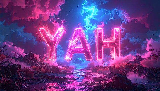 Vibrant neon YAH text glowing amidst colorful clouds and reflections.