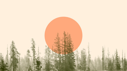 Silhouette of coniferous forest and sun on beige background