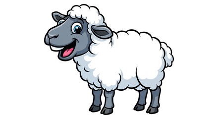 A happy cartoon sheep with fluffy white wool and a grey face, isolated on white background