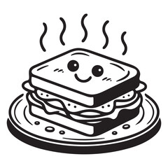 Cheerful cartoon silhouette line art Sandwich with plate vector illustration