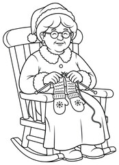 Mrs Claus vector illustration of an elderly woman in festive attire sitting on a rocking chair knitting warm mittens drawn in clean cartoon line art style