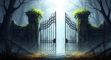 Mysterious iron gate surrounded by overgrown vines in a dark, misty forest pathway