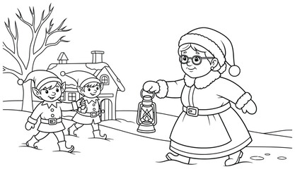 Grandmother vector illustration of an elderly woman in festive clothes holding a lantern while walking outside in the snow with cheerful Christmas elves nearby