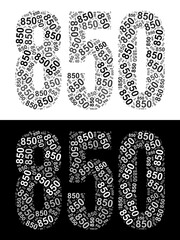 Typography illustration of 850 made from repeating numbers in black and white