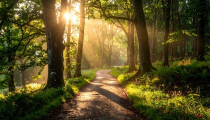 Fototapeta premium Sunlight streams through a forest canopy, illuminating a winding path. Trees line both sides creating a tunnel effect. Green vegetation thrives