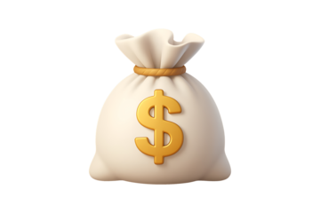 3D white money bag with a golden dollar sign, Isolated on Transparent Background