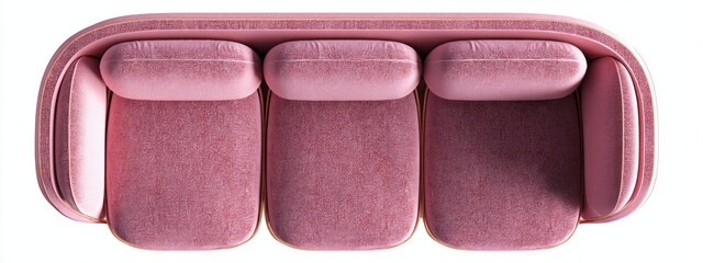 A pink velvet three-seater sofa with rounded edges and gold trim, viewed from above