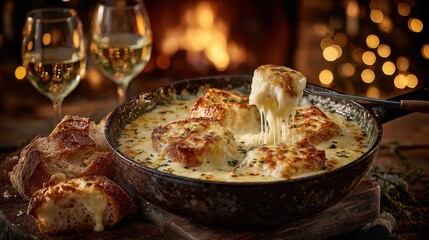 Delicious cheese fondue dipping with bread in front of fireplace and wine glasses