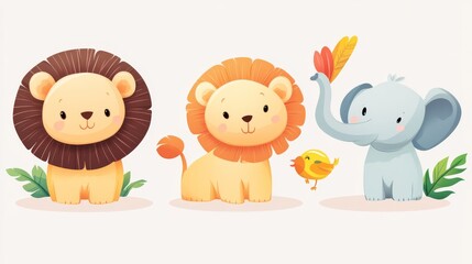 Naklejka premium 64.Vector set of cute jungle animals like a happy lion, chubby elephant, cheerful monkey, and colorful parrot, all illustrated with simple shapes, soft gradients, and playful expressions.