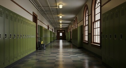 An empty, quiet school hallway with rows of green lockers, large arched windows, and a checkered floor.