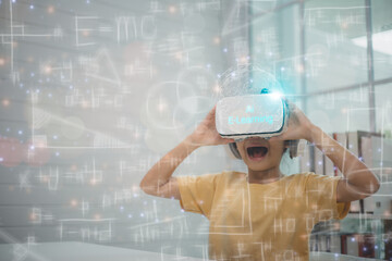 Child wearing VR headset exploring AI e-learning and online education with virtual reality technology, futuristic digital classroom concept for modern learning innovation.