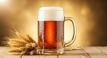 Full mug of amber beer with foamy head on a rustic wooden table. Alcohol for drink menu and celebration.
