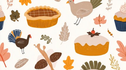 Thanksgiving seamless vector pattern with pies, turkeys, autumn leaves, acorns, festive seasonal harvest holiday design