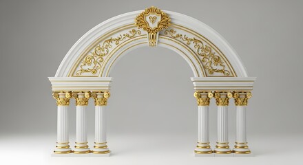 Fototapeta premium Ornate golden and white architectural arch with intricate designs isolated on white background