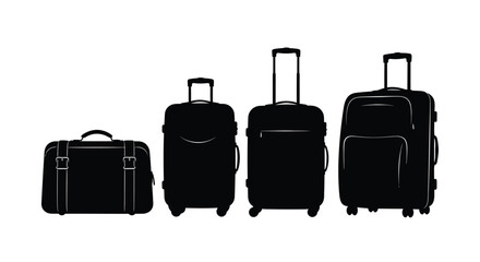Set of four black rolling suitcases in different sizes for travel and business trips vector