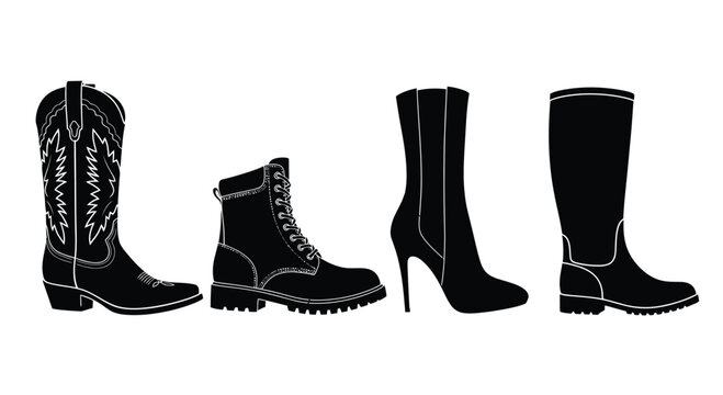 Collection of four distinct styles of black leather boots arranged side by side vector