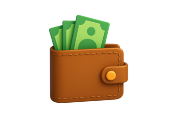 Stylized Wallet Icon with Dollar Bills Representing Money, Wealth, and Personal Finance. Isolated on Transparent Background.