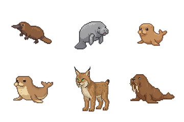 Pixel Art Animals on Transparent Background Cute Cartoon Style Animals
