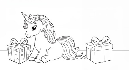 Cute cartoon unicorn with gifts