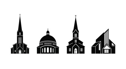 Obraz premium Collection of distinct architectural church building silhouettes for religious and community concepts vector