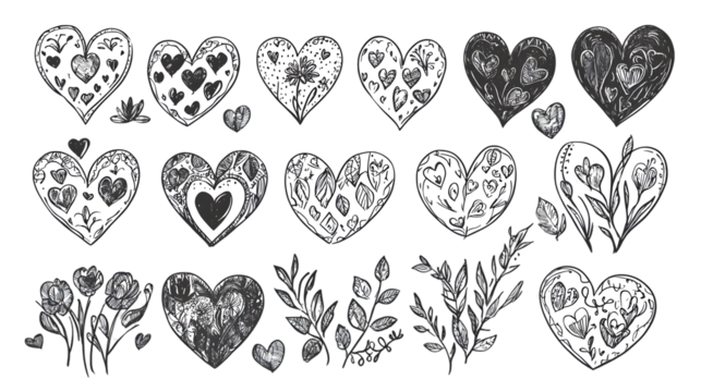 heart doodles set hand drawn hearts collection romance and love illustrations isolated on a transparent background