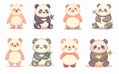 Naklejka premium Pixel Panda Character Set with 8 Cute Poses and Expressions