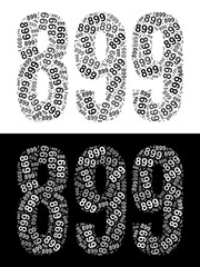 Typography illustration of 899 made from repeating numbers in black and white