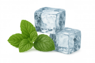 Frosty ice cubes and vibrant mint leaves floating against transparent backdrop, highlighting cool beverage ingredients