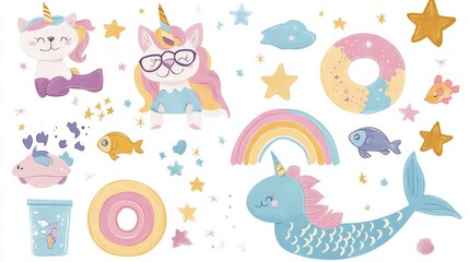 37.Whimsical vector sticker set with a pastel unicorn surrounded by stars, a smiling cat wearing glasses, a friendly mermaid swimming with fish, a rainbow with glittery clouds, and a delicious donut