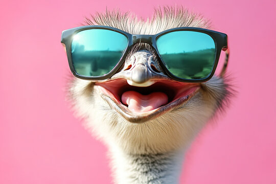 Ostrich sporting sunglasses against a vibrant pink backdrop during a sunny day