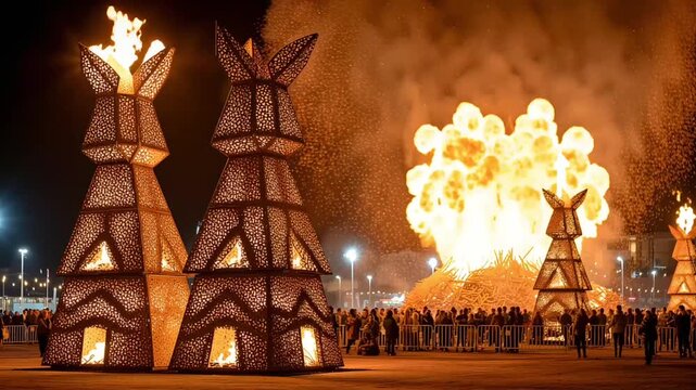 Two large illuminated rabbit sculptures stand prominently, surrounded by a crowd, as a massive bonfire blazes in the background during a festive night celebration