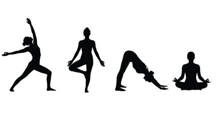 Silhouettes of women performing yoga poses warrior tree downward dog and meditation on white vector