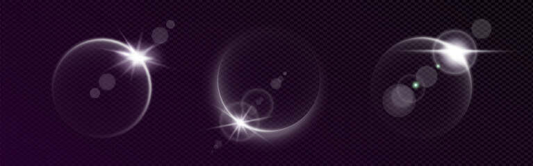 Eclipse light with bright sun glow and neon flare on black sky. Planet circle and crescent ring form cosmic sphere. Starry universe overlay with halo, dawn horizon, 3D cosmic effect and energy arch